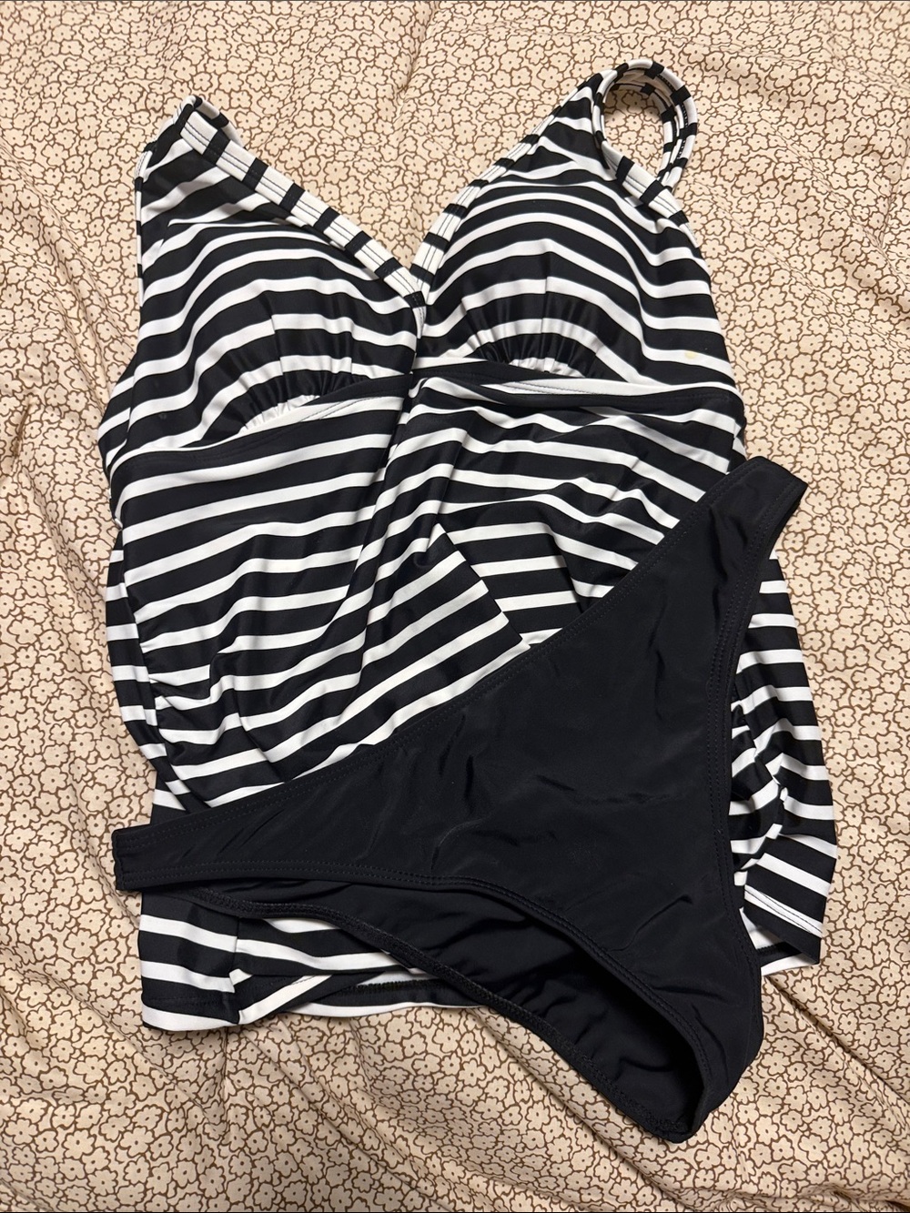 NWOT Striped Black & White Tankini Top with Black Bikini Bottoms - Women's